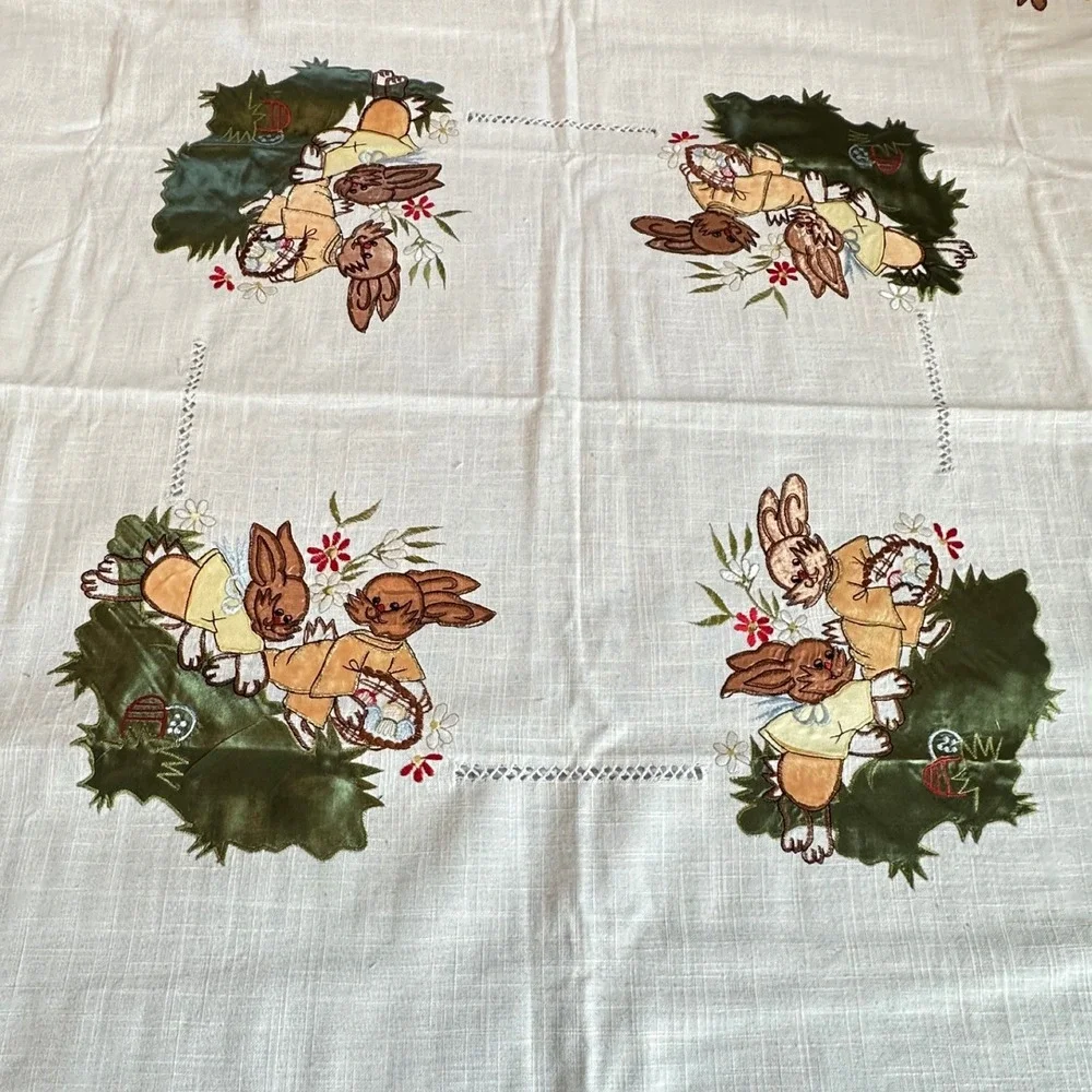 Easter Bunny Tablecloth 50x50 White Beige Embroidered Spring